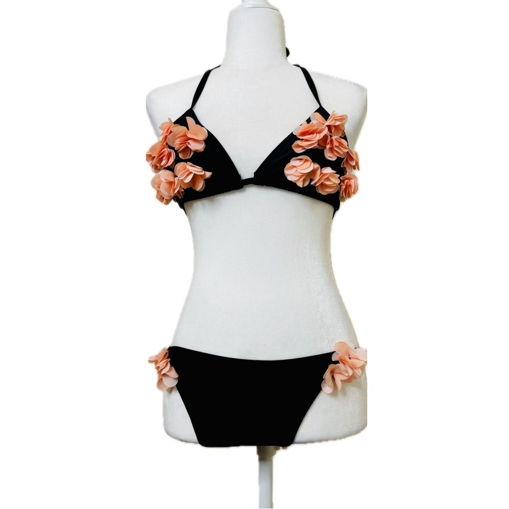 Cherry Blossom Sakura Pink Coral and Black Floral Bikini Set, Size L